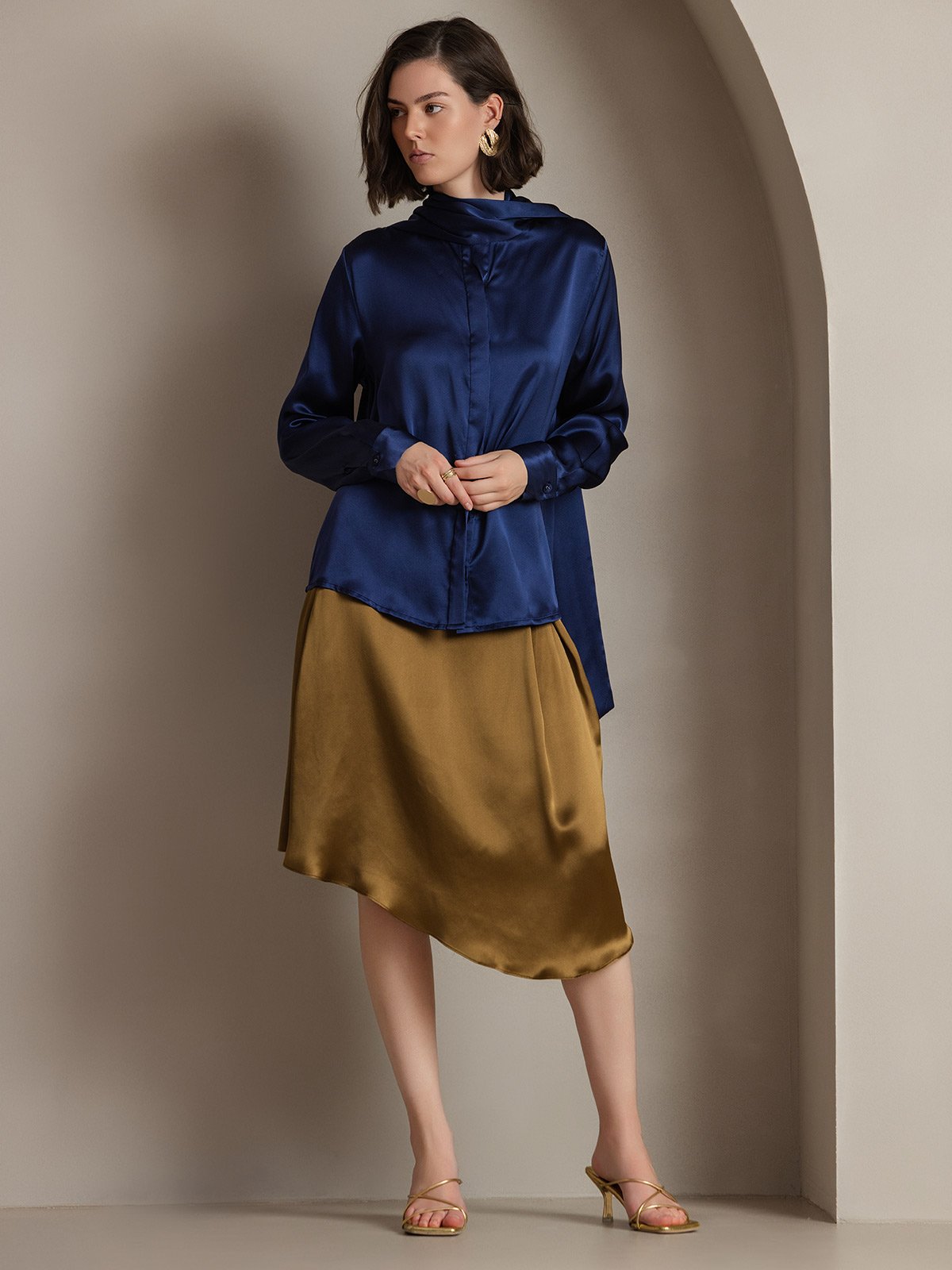 [Mørkeblå] SilkSilky-DK 19Momme Silke Womens Shirt 004