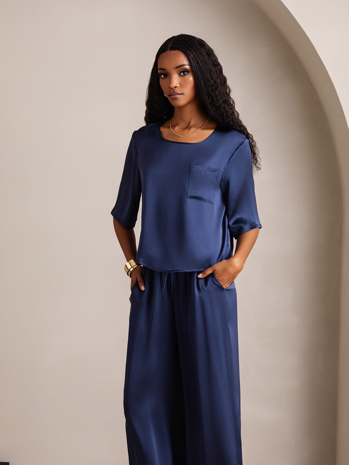 [Mørkeblå] SilkSilky-DK Womens Pajamas 003