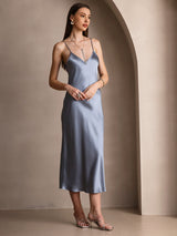 [Gråblå] SilkSilky-DK Sleeveless V Neck Kjole 004