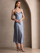 [Gråblå] SilkSilky-DK Spaghetti Strap V Neck Kjole 004