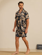 [Sort Drage] SilkSilky-DK Short Sleeve Notch Collar Pyjamas til Mænd 006