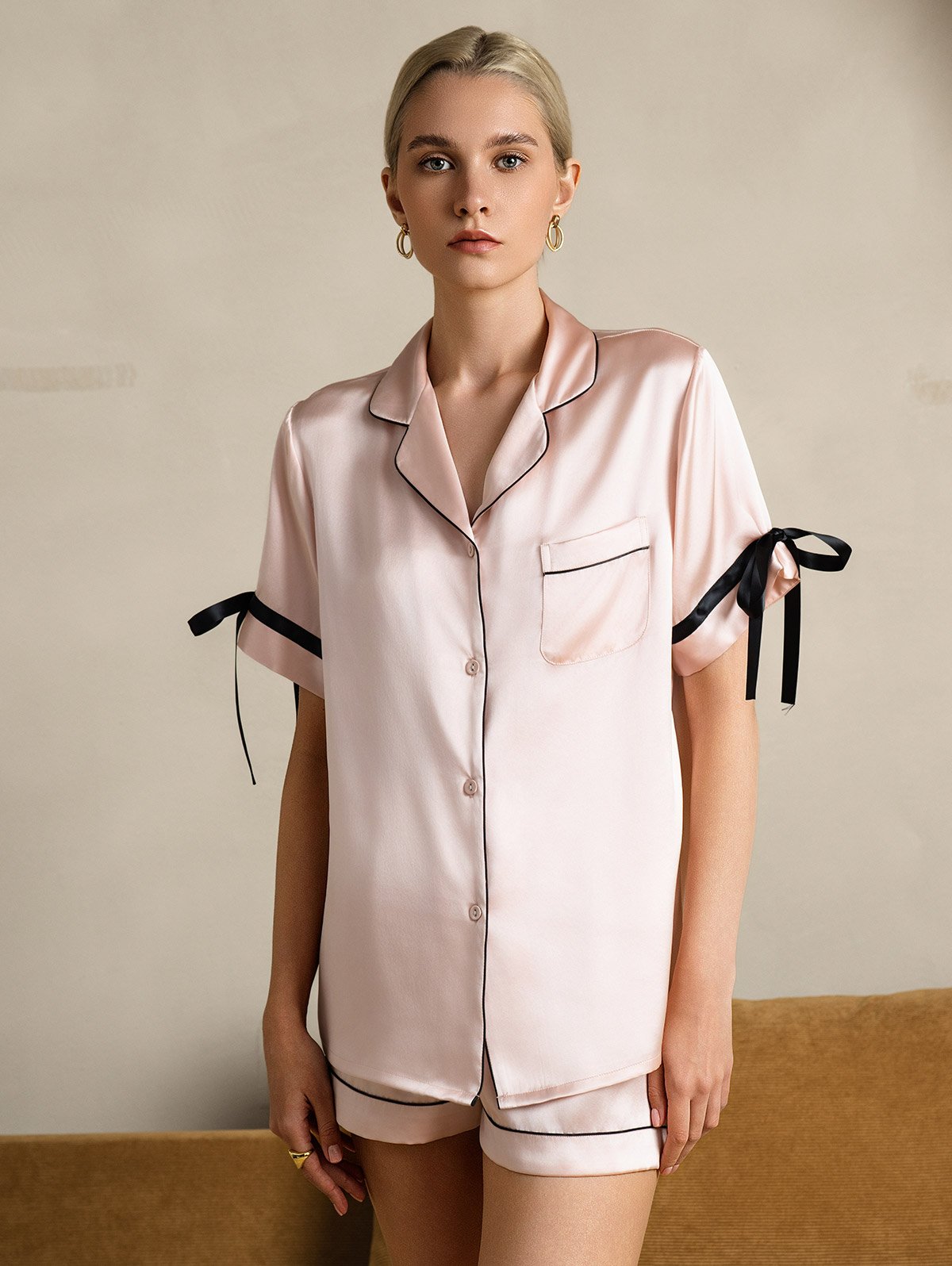 [Lyserød] SilkSilky-DK Silke Short Sleeve Revers Dame Pyjamas 004