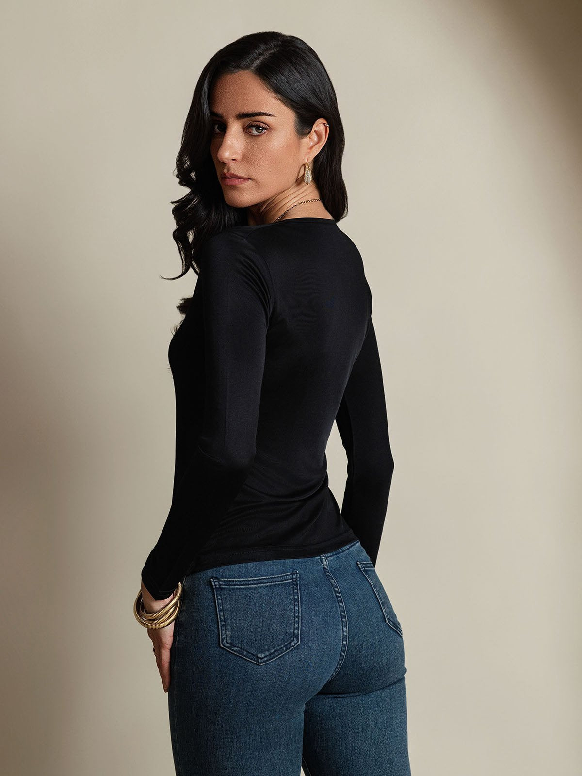 [Sort] SilkSilky-DK Langærmet Rund Hals T-shirt til kvinder 002