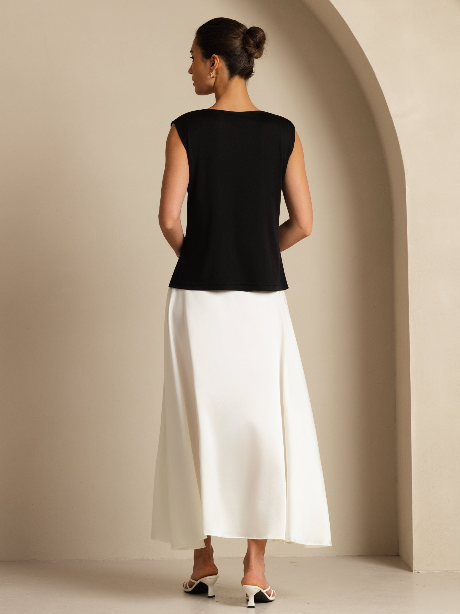 [Sort] SilkSilky-DK Ærmeløs Drapert halsutringning T-shirt til kvinder 002