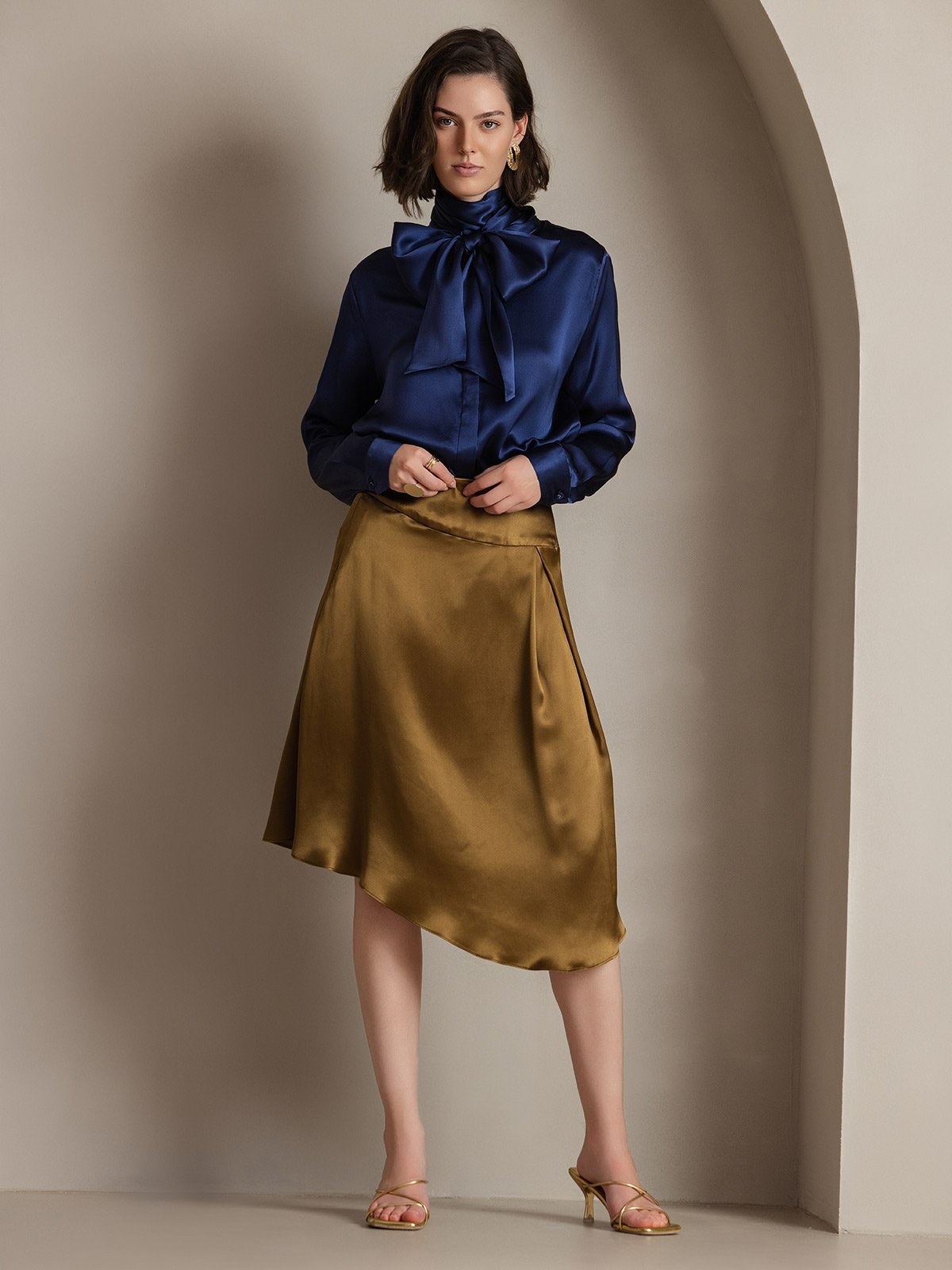 [Mørkeblå] SilkSilky-DK 19Momme Silke Womens Shirt 003