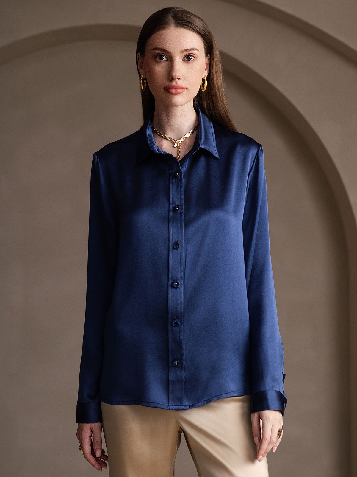 SilkSilky-DK 19Momme Silke Womens Shirt Mørkeblå 001
