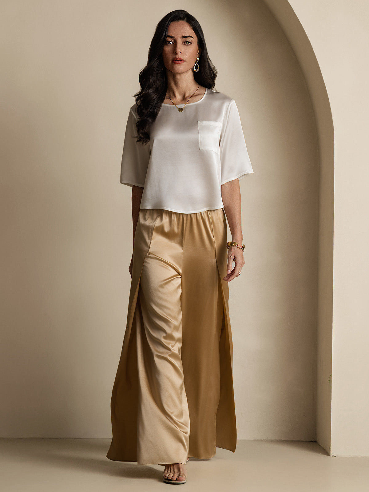 [Hvid] SilkSilky-DK Pure Silk Half Sleeve Boat Neck T-shirt til kvinder 008