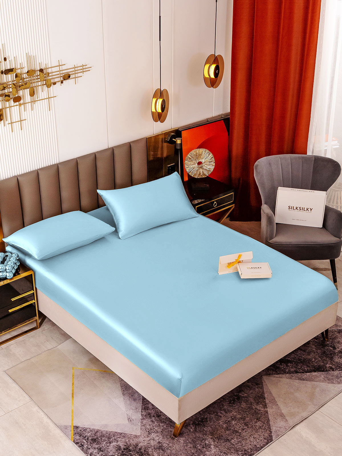 [Lyseblå] SilkSilky-DK 19Momme Bedding Set 001