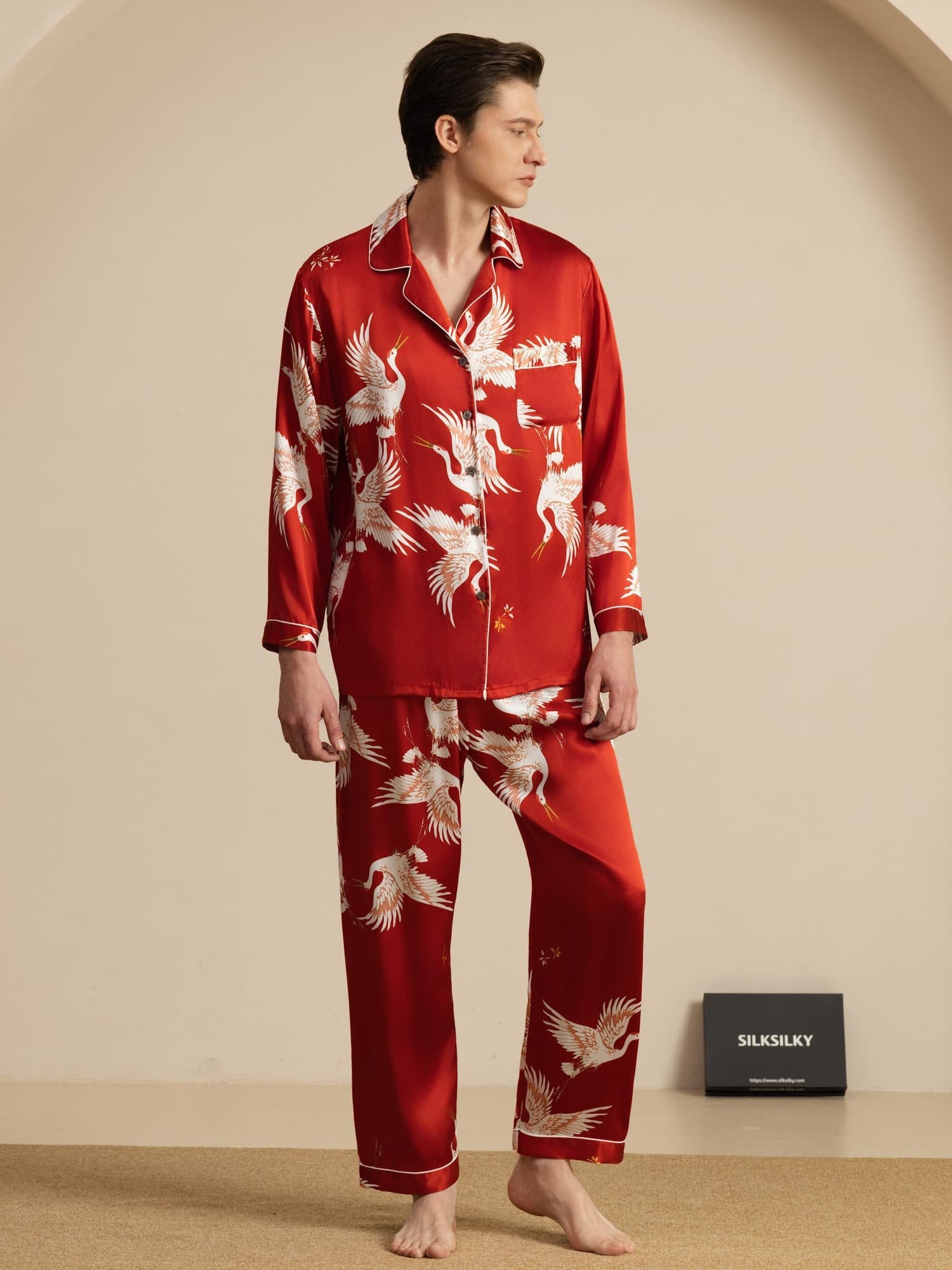 [Vin] SilkSilky-DK Long Sleeve Notch Collar Pyjamas til Mænd 001