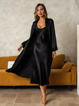 [Sort] SilkSilky-DK Long Sleeve V Neck Natkjole & Morgenkåbe Sæt 001