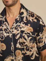 [Sort Drage] SilkSilky-DK Short Sleeve Notch Collar Pyjamas til Mænd 005