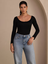 [Sort] SilkSilky-DK Long Sleeve U hals T-shirt til kvinder 004