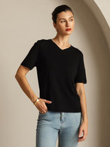 [Sort] SilkSilky-DK Kort ærme V Hals T-shirt til kvinder 007