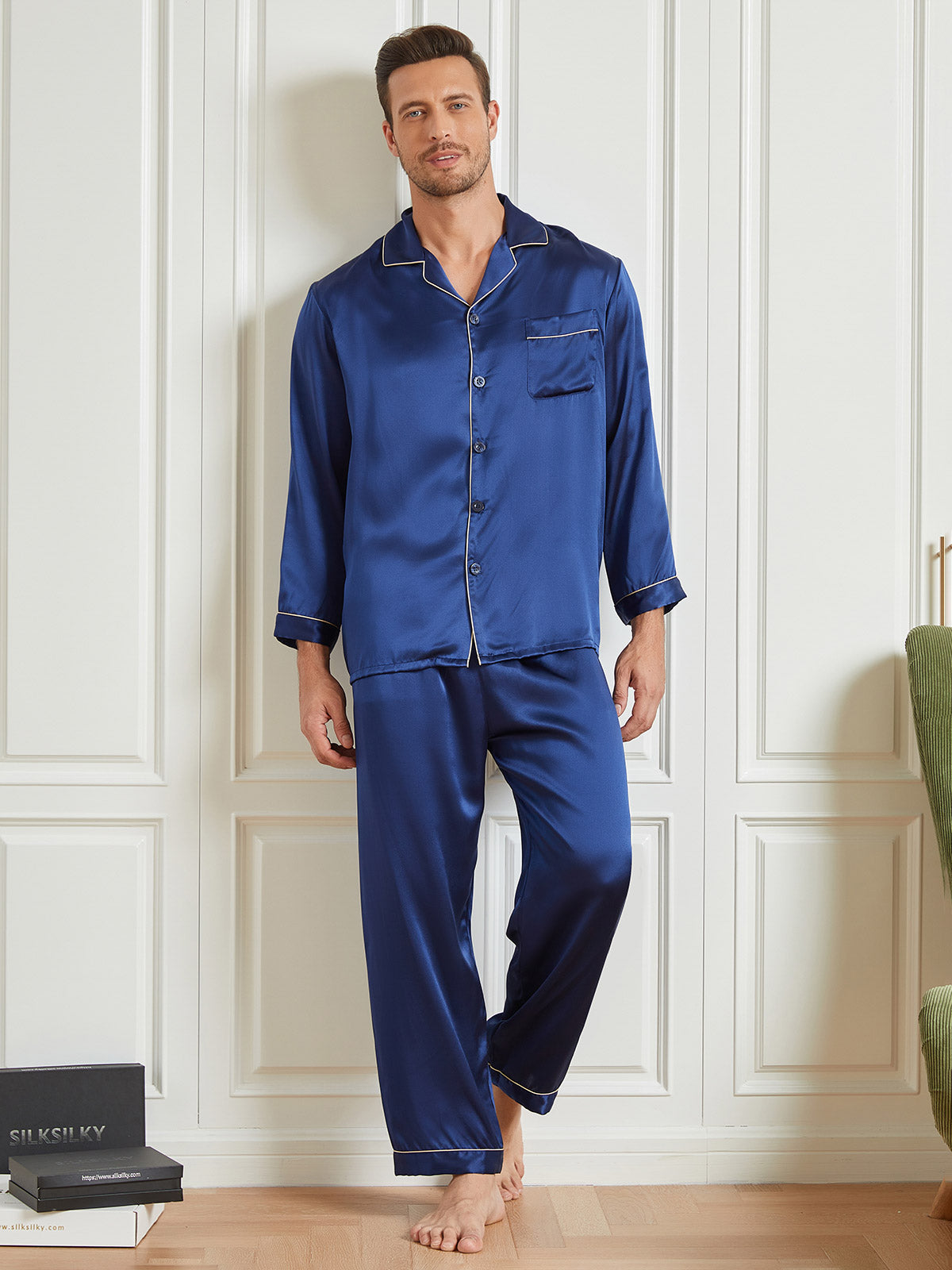 [Mørkeblå] SilkSilky-DK 19Momme Mens Pajamas 004
