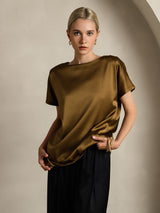 [Brun] SilkSilky-DK 19Momme Kort ærme Bådudskæring T-shirt til kvinder 003