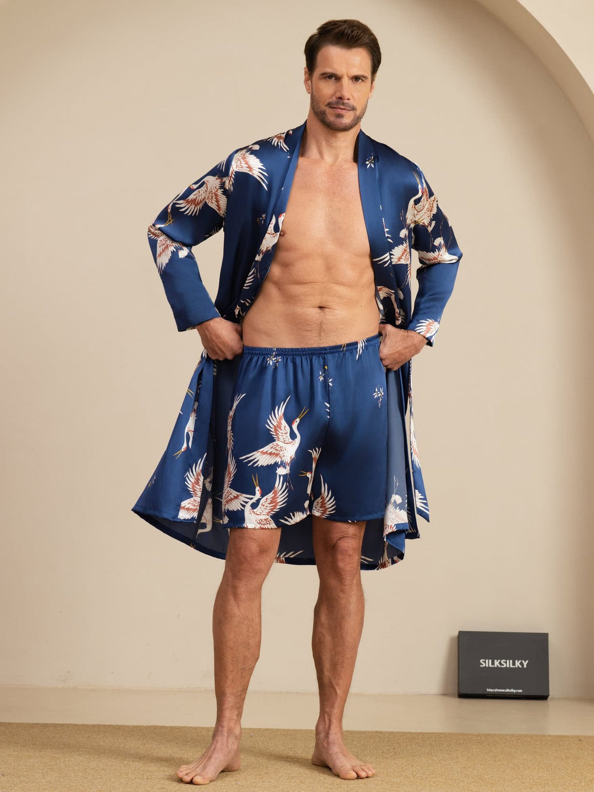[Mørkeblå] SilkSilky-DK 19Momme Long Sleeve Mens Pajamas 001
