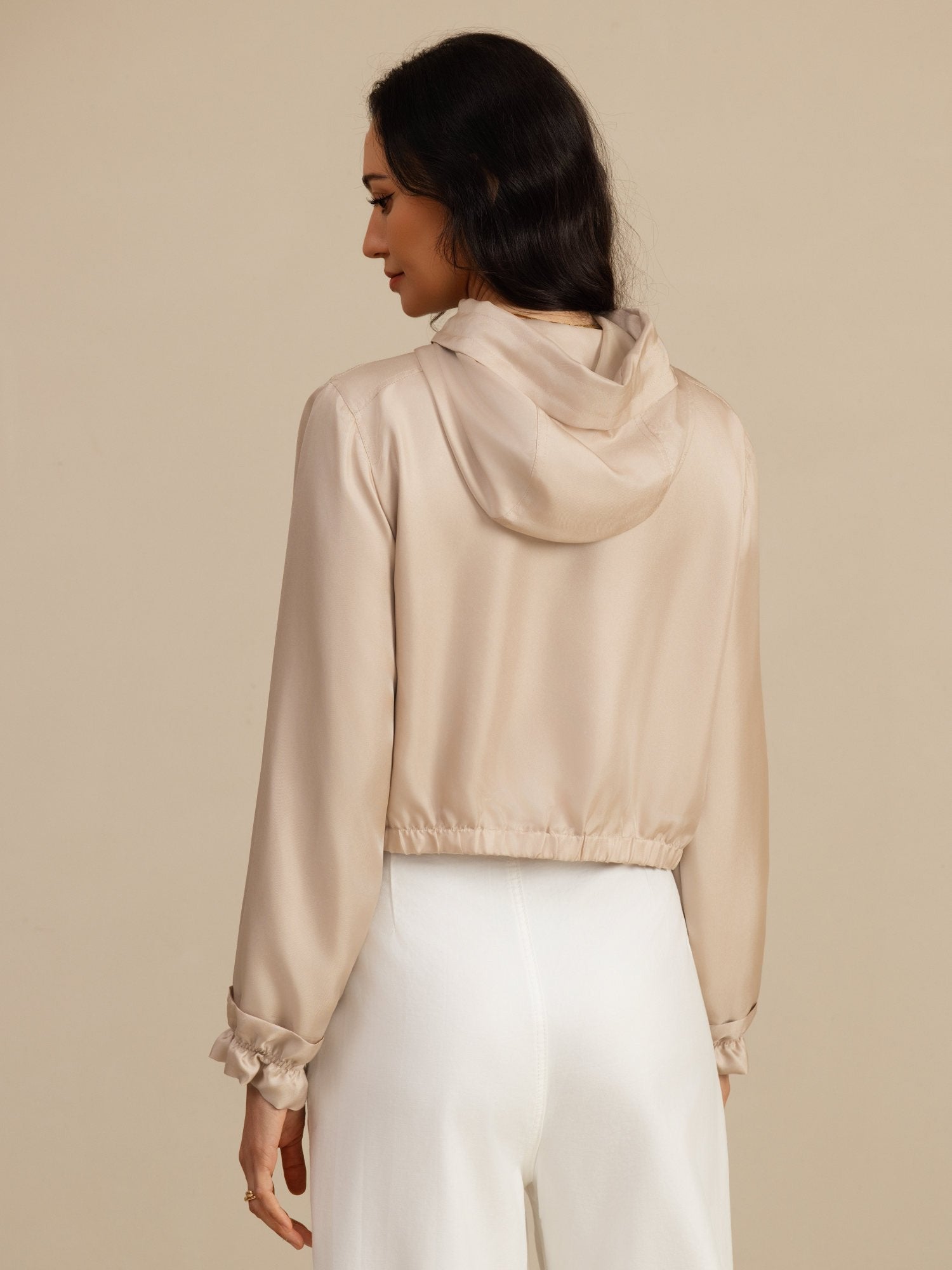 [Tan] SilkSilky-DK 18Momme Langærmet Høj Hals Overtøj til Kvinder 002