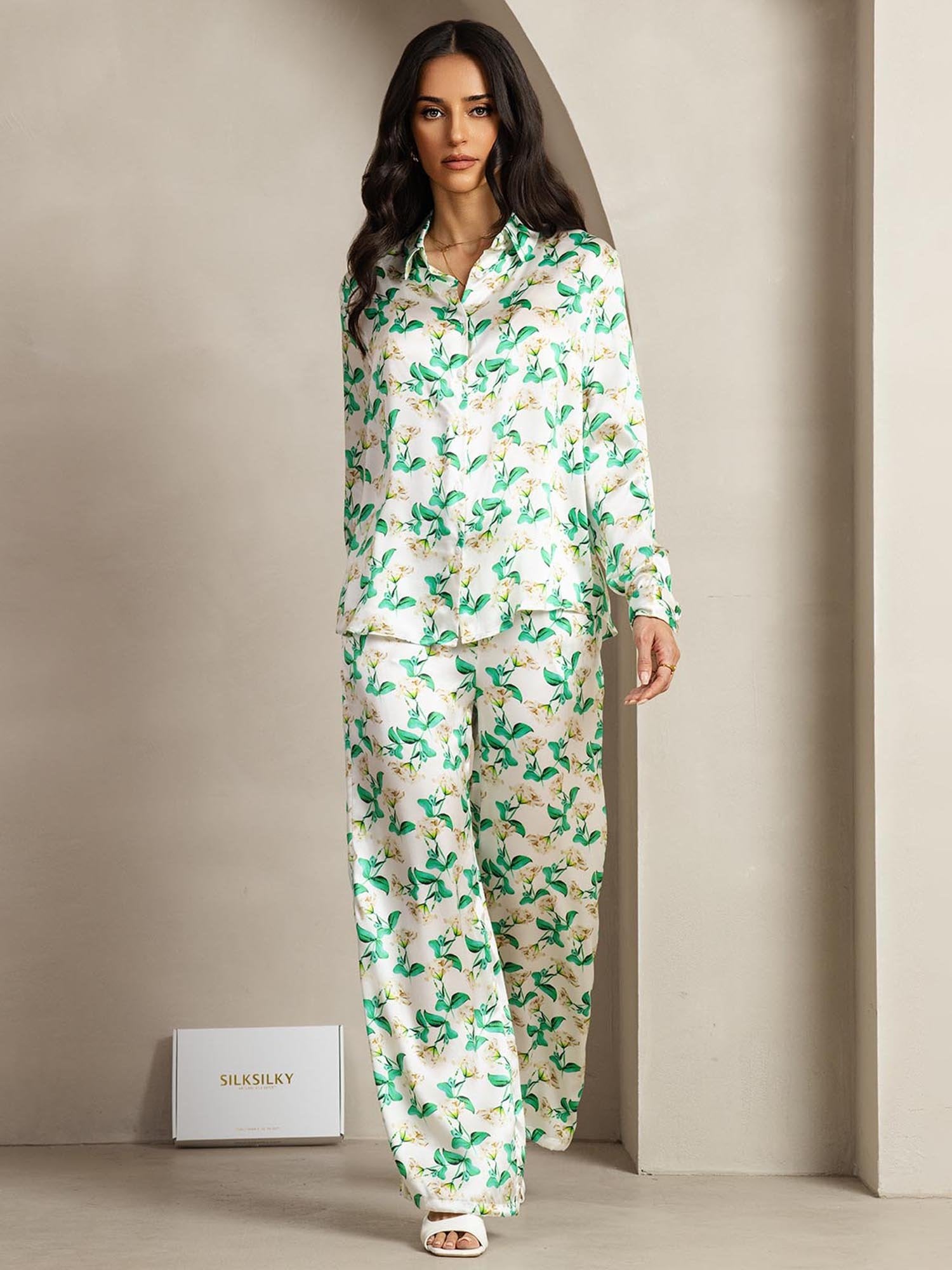 [GrønBlomster] SilkSilky-DK 19Momme Silke Lapel Collar Women''s Outfit Sets 002