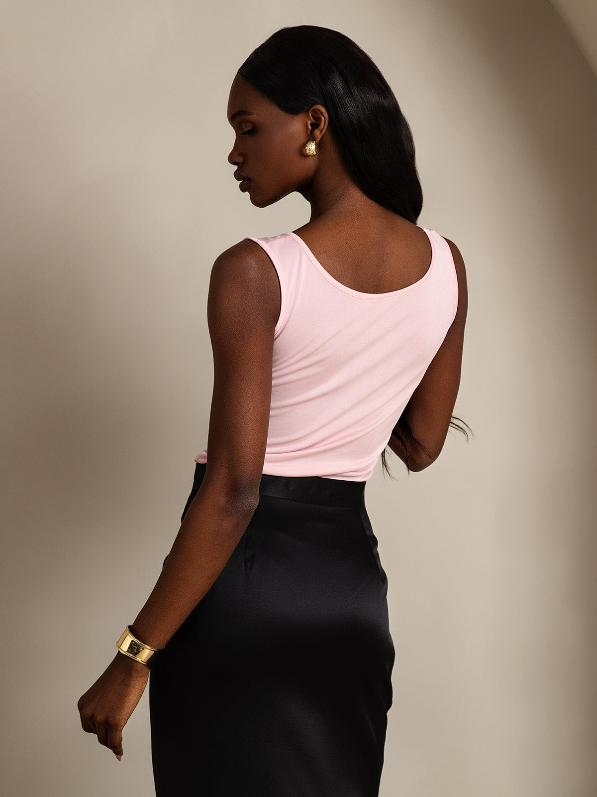 [Lyserød] SilkSilky-DK Silk Knitted Sleeveless Round Neck T-shirt til kvinder 002
