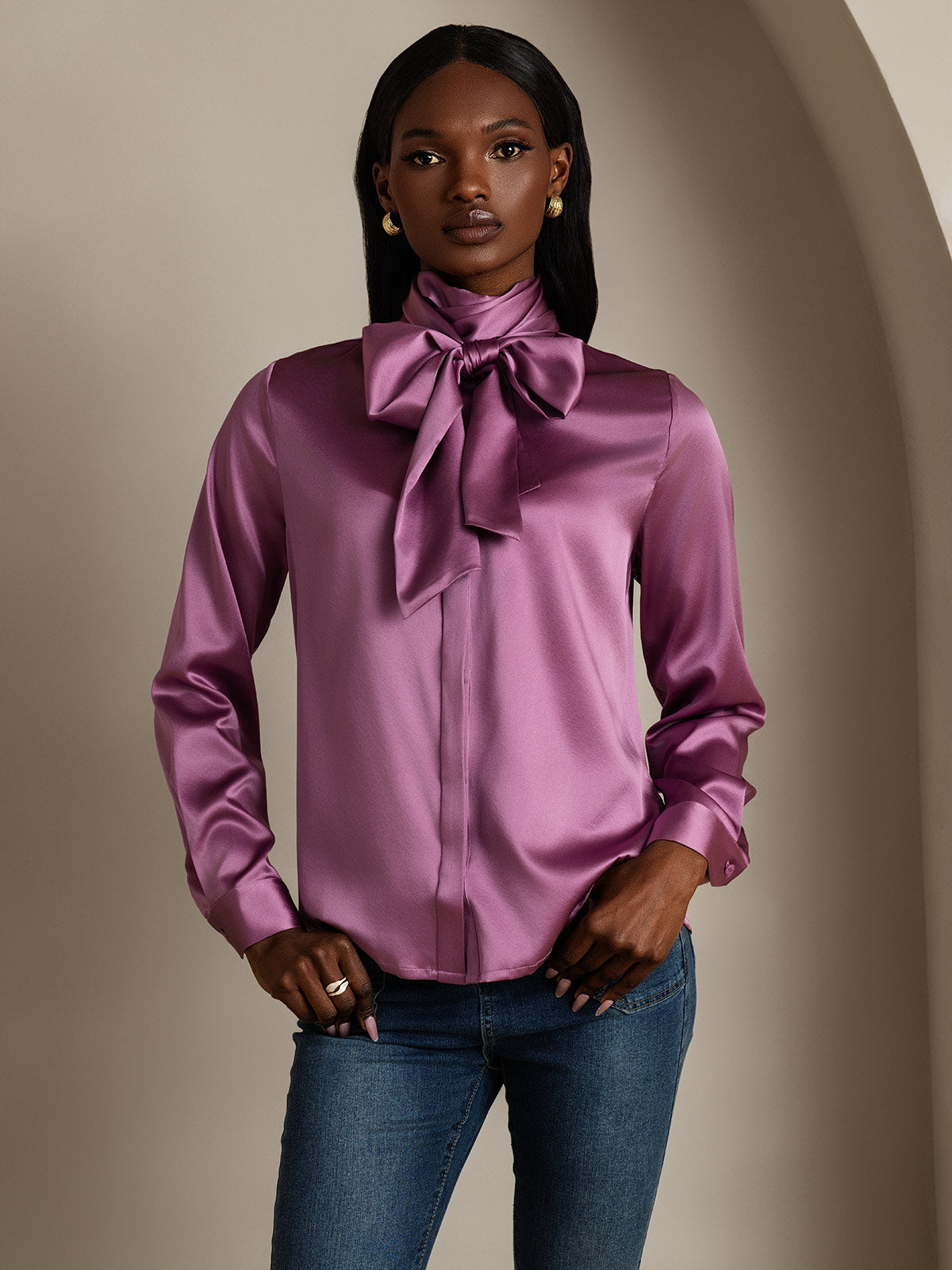 [Mørke Lilla] SilkSilky-DK 19Momme Silke Womens Shirt 001