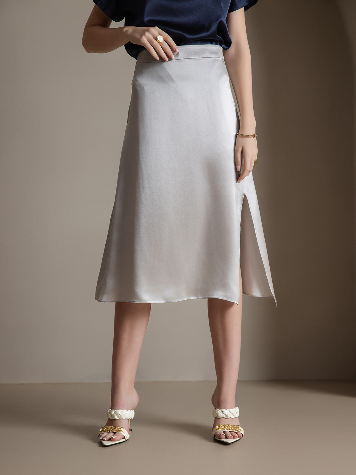 [Lysegrå] SilkSilky-DK 19Momme Silke Skirt 001
