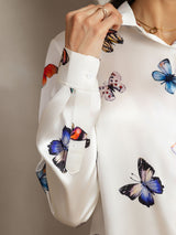 [Hvid Sommerfugl] SilkSilky-DK Long Sleeve Lapel Collar Dameskjorte 004