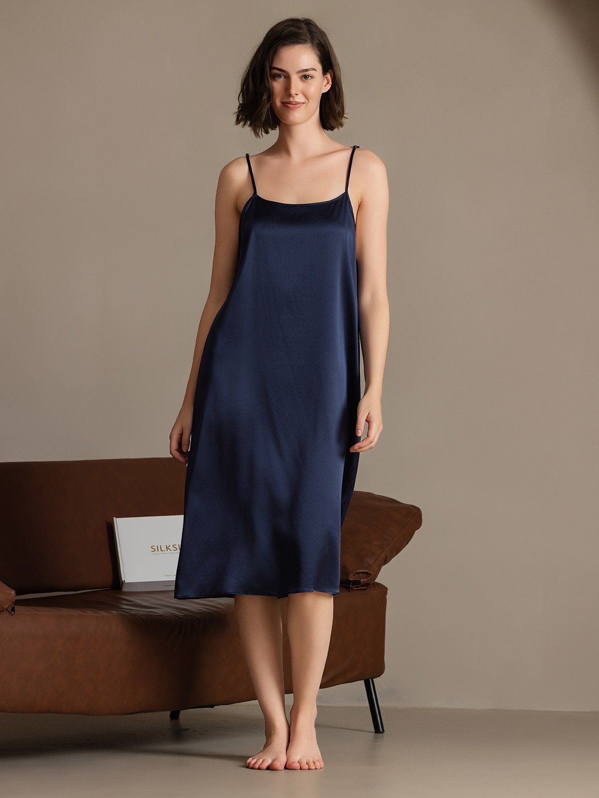 [Mørkeblå] SilkSilky-DK 19Momme Silke Sleeveless Dress 005