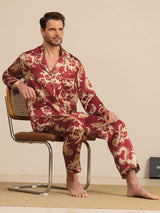 [Vinrød Drage] SilkSilky-DK Long Sleeve Notch Collar Pyjamas til Mænd 001
