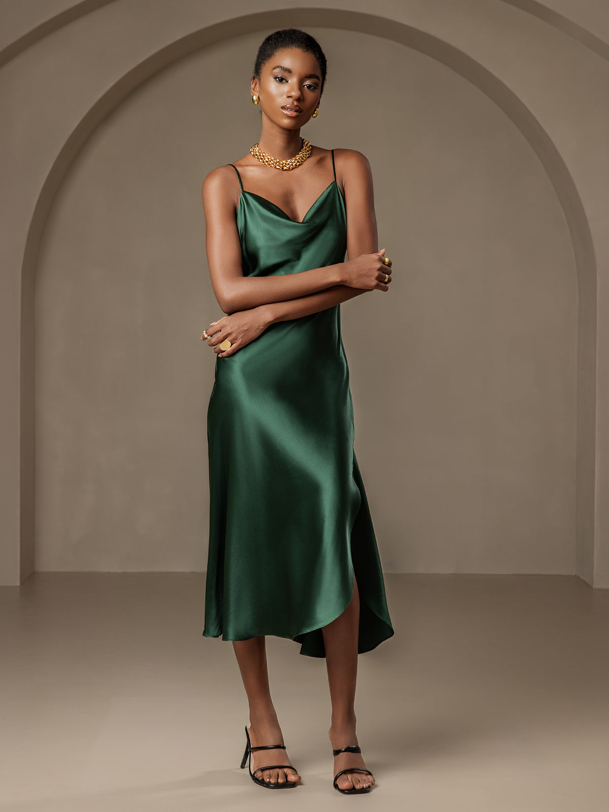 [Mørkegrøn] SilkSilky-DK 19Momme Dress 005