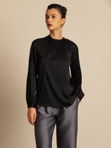 [Sort] SilkSilky-DK 19Momme Langærmet Rund Hals Bluse 004