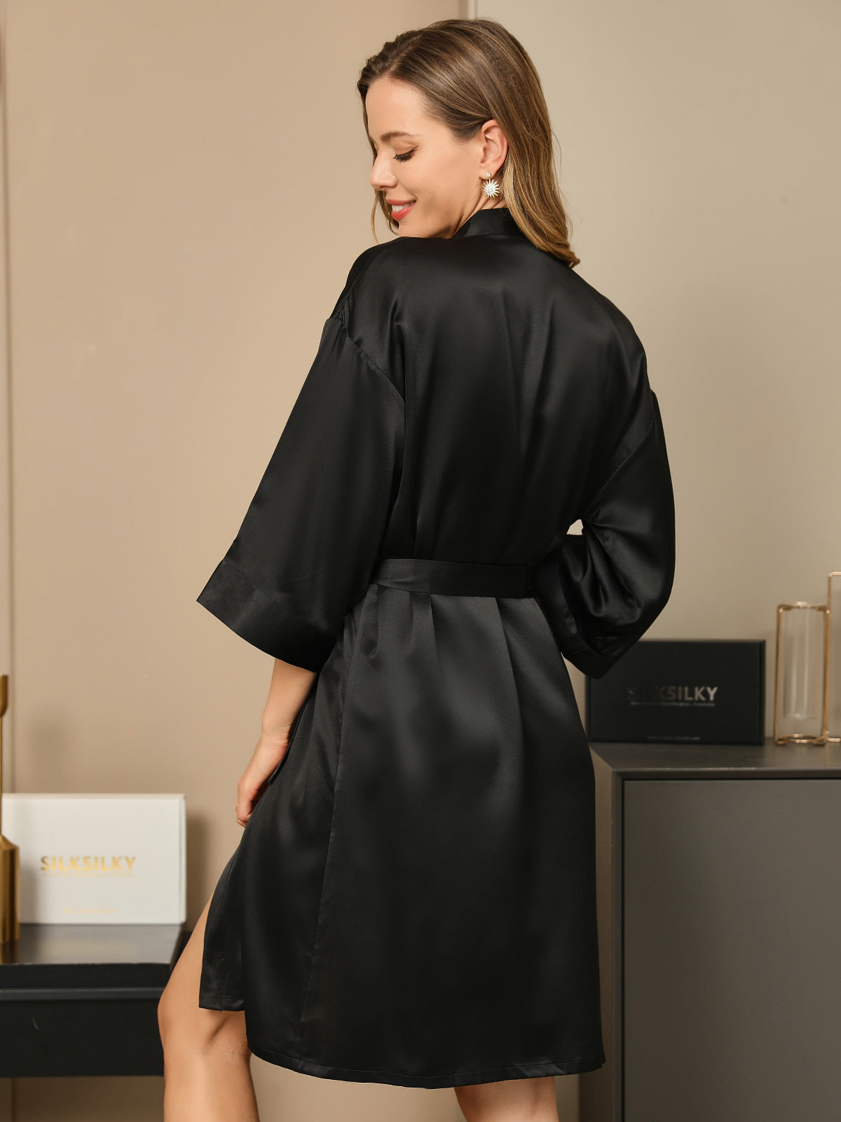 [Sort] SilkSilky-DK 3/4 Sleeve Dame Morgenkåbe 002