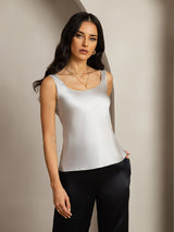 [Sølv] SilkSilky-DK 19Momme Ærmeløs Dyb Rund Halsudskæring Camisole Top 001