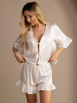 [Hvid] SilkSilky-DK Short Sleeve V Neck Dame Pyjamas 003