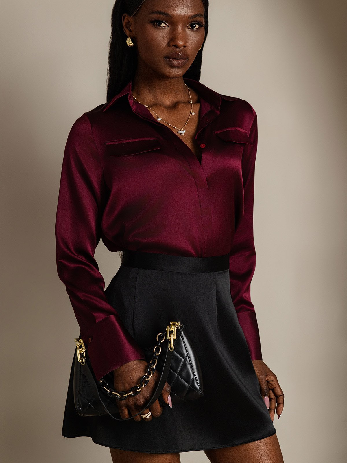 SilkSilky-DK 19Momme Silke Womens Shirt Mørkerød 005