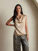 [Champagne] SilkSilky-DK Cap Sleeve Cowl Neck T-shirt til kvinder 003