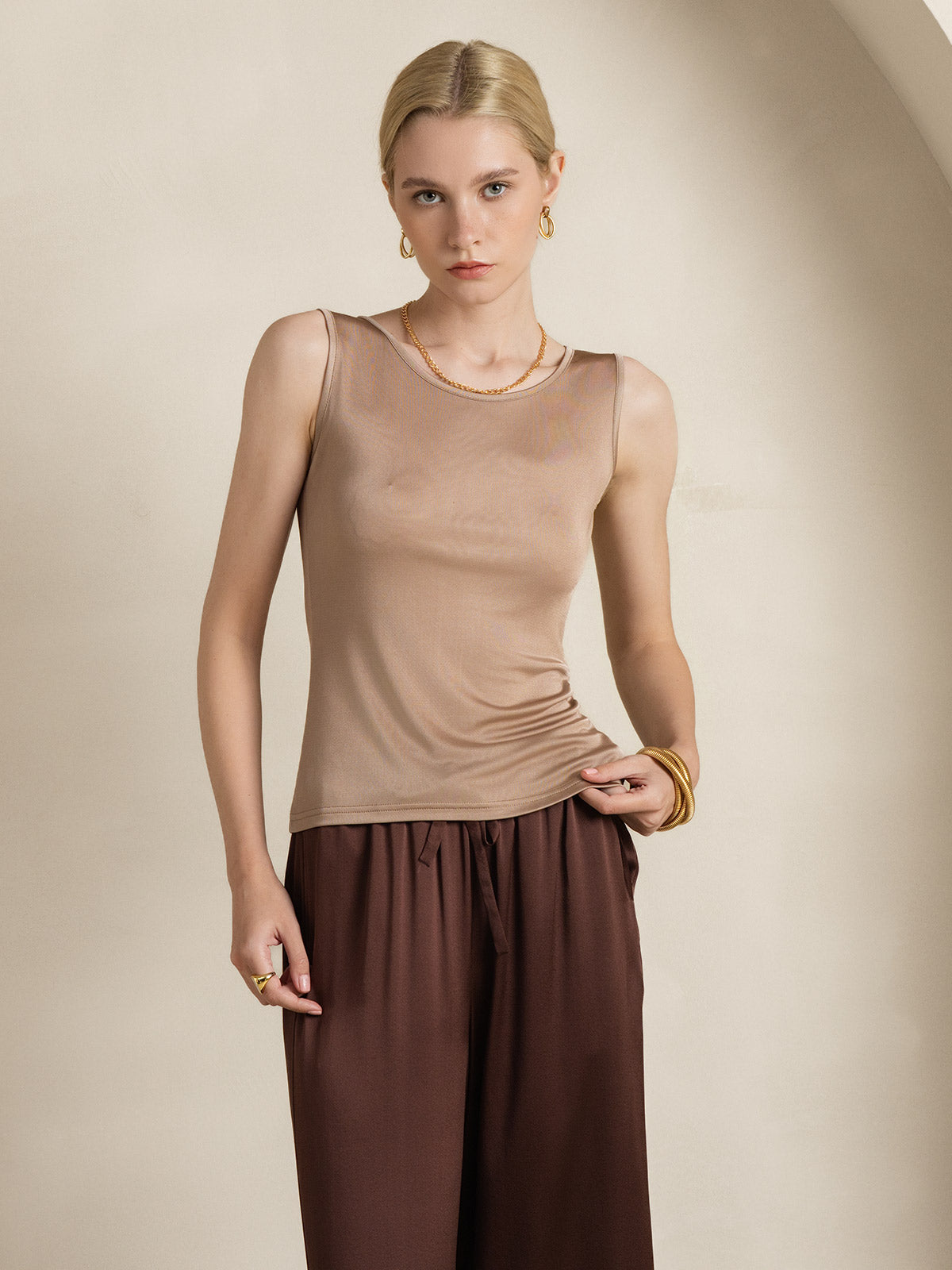[Kaffe] SilkSilky-DK Silk Knitted Sleeveless Round Neck T-shirt til kvinder 006