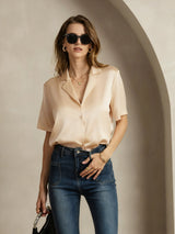 [Champagne] SilkSilky-DK Short Sleeve Lapel Collar Dameskjorte 003