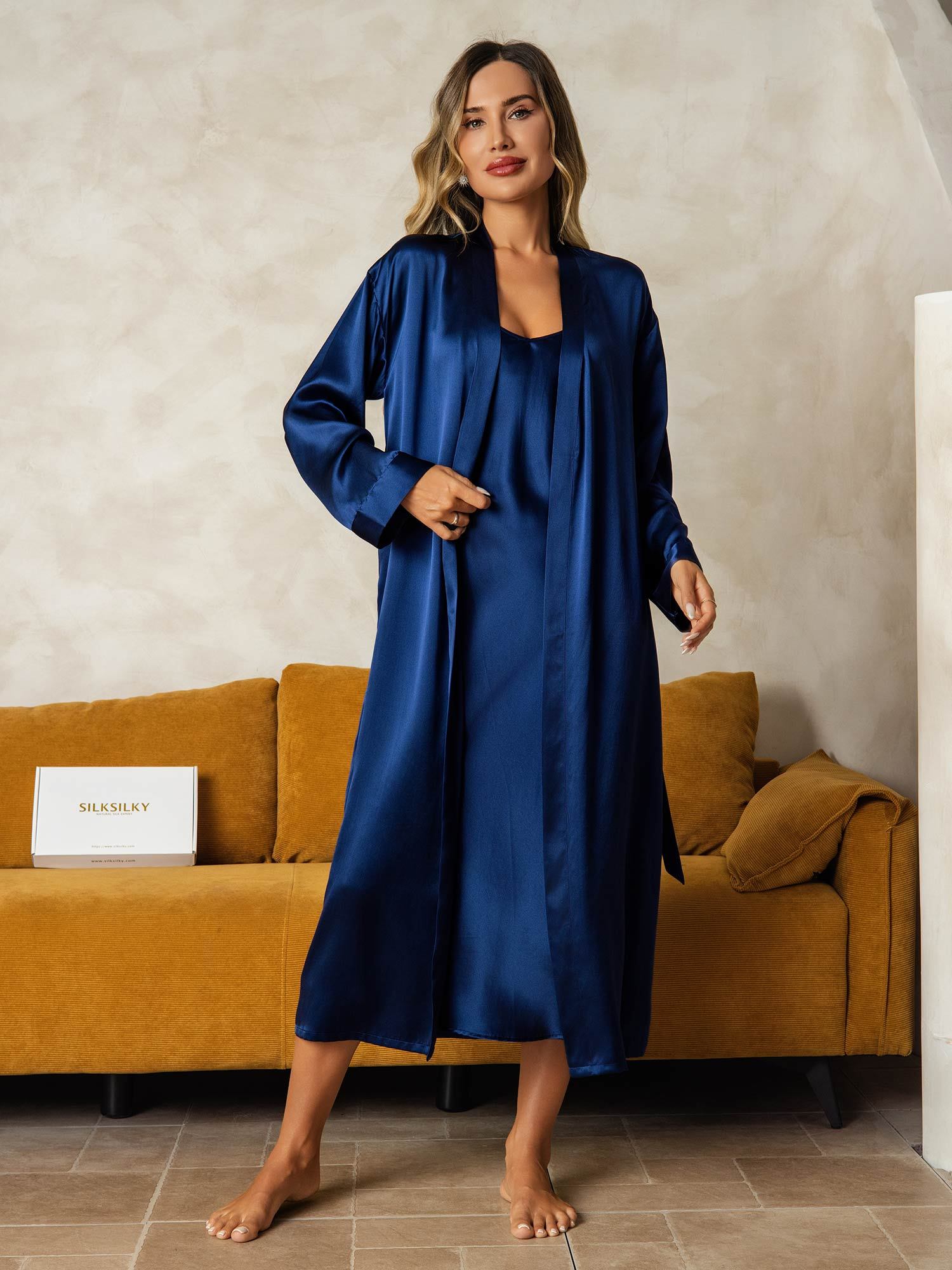 [Mørkeblå] SilkSilky-DK Silke Nightgown&Robe Set 008