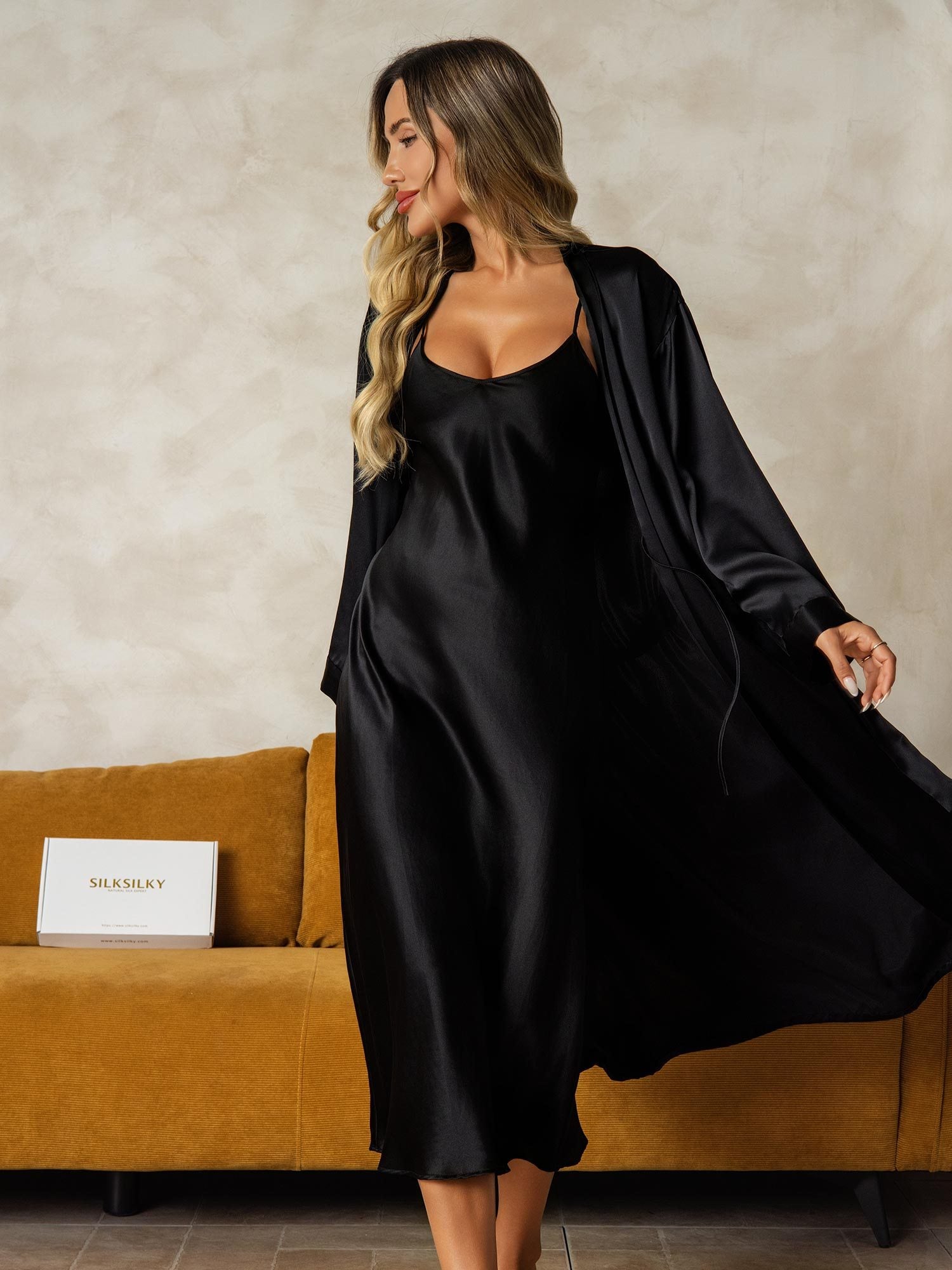 [Sort] SilkSilky-DK Silke Wrap Natkjole & Morgenkåbe Sæt 005