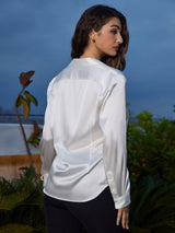 [Hvid] SilkSilky-DK Long Sleeve Lapel Collar Dameskjorte 002