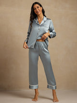 [Gråblå] SilkSilky-DK Langærmet Notchkrage Dame Pyjamas 003