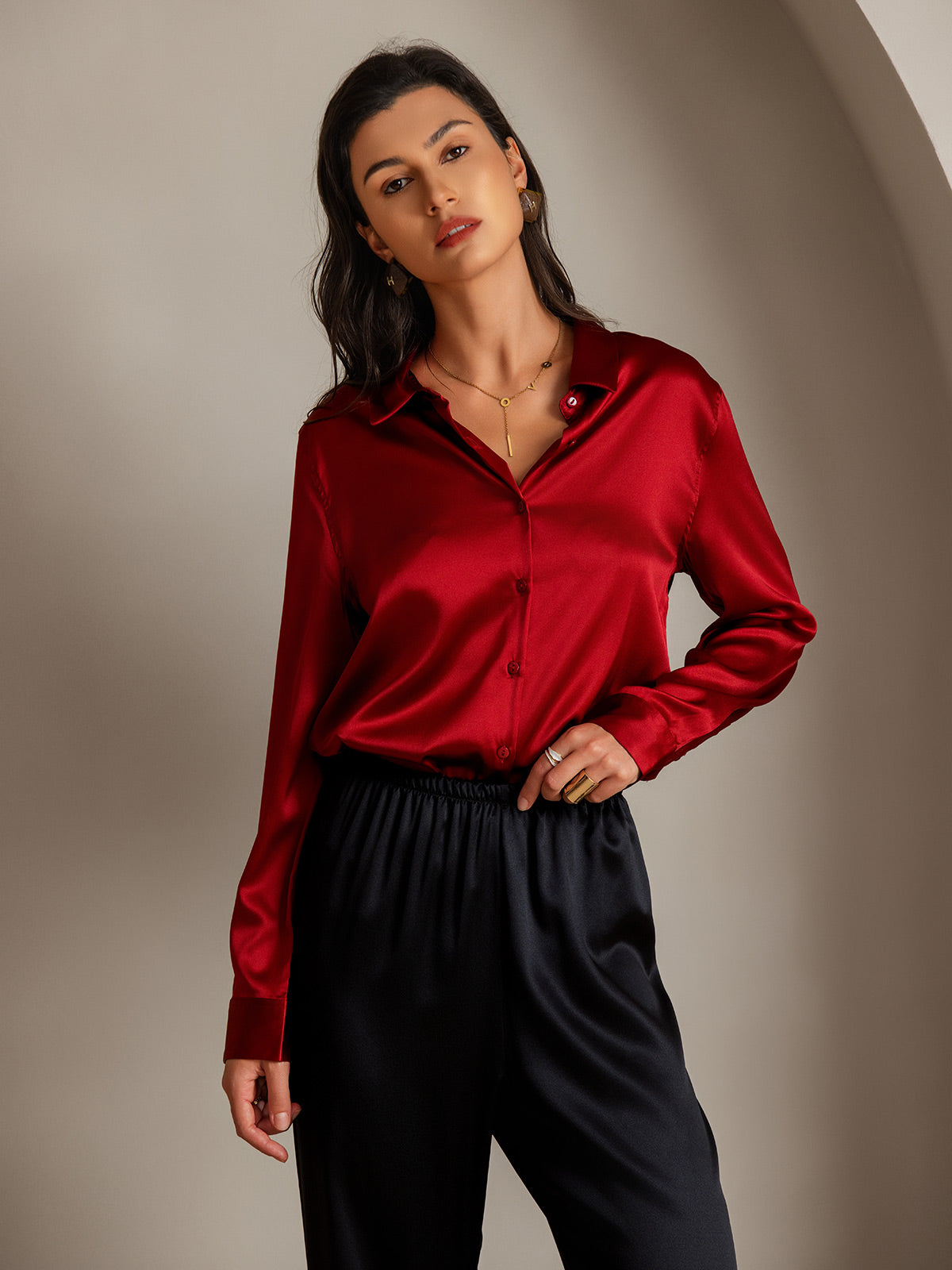 [Rød] SilkSilky-DK Silke Lapel Collar Dameskjorte 004