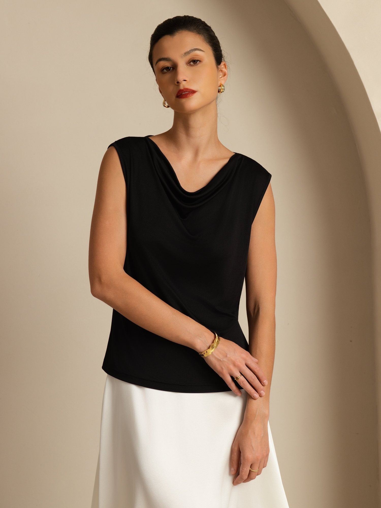 [Sort] SilkSilky-DK Ærmeløs Drapert halsutringning T-shirt til kvinder 004