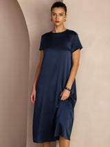 [Mørkeblå] SilkSilky-DK Short Sleeve Round Neck Kjole 006