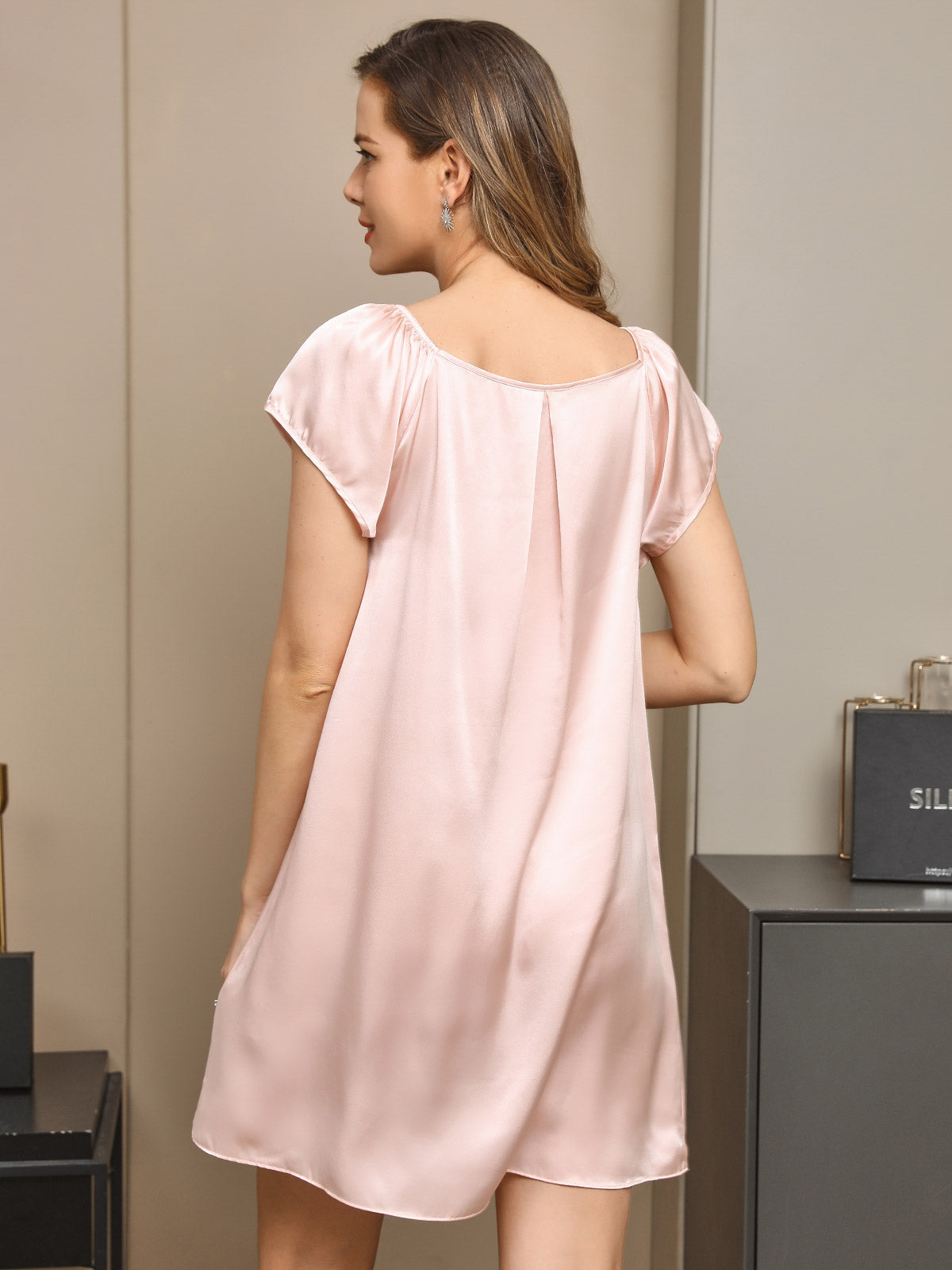 [Lys Pink] SilkSilky-DK Cap Sleeve Square Neck Natkjole 002