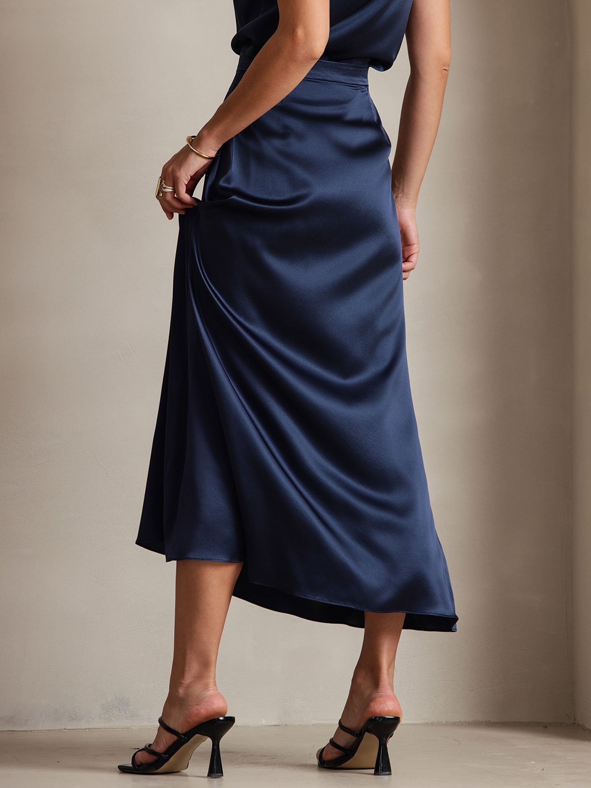 [Mørkeblå] SilkSilky-DK 19Momme Silke Skirt 002