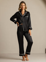 [Sort] SilkSilky-DK Langærmet Notchkrage Dame Pyjamas 006