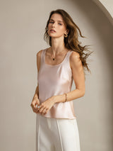 [Lyserød] SilkSilky-DK 19Momme Ærmeløs Dyb Rund Halsudskæring Camisole Top 006