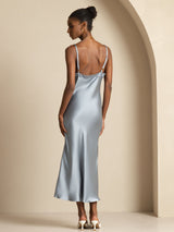 [Gråblå] SilkSilky-DK Sleeveless V Neck Kjole 002