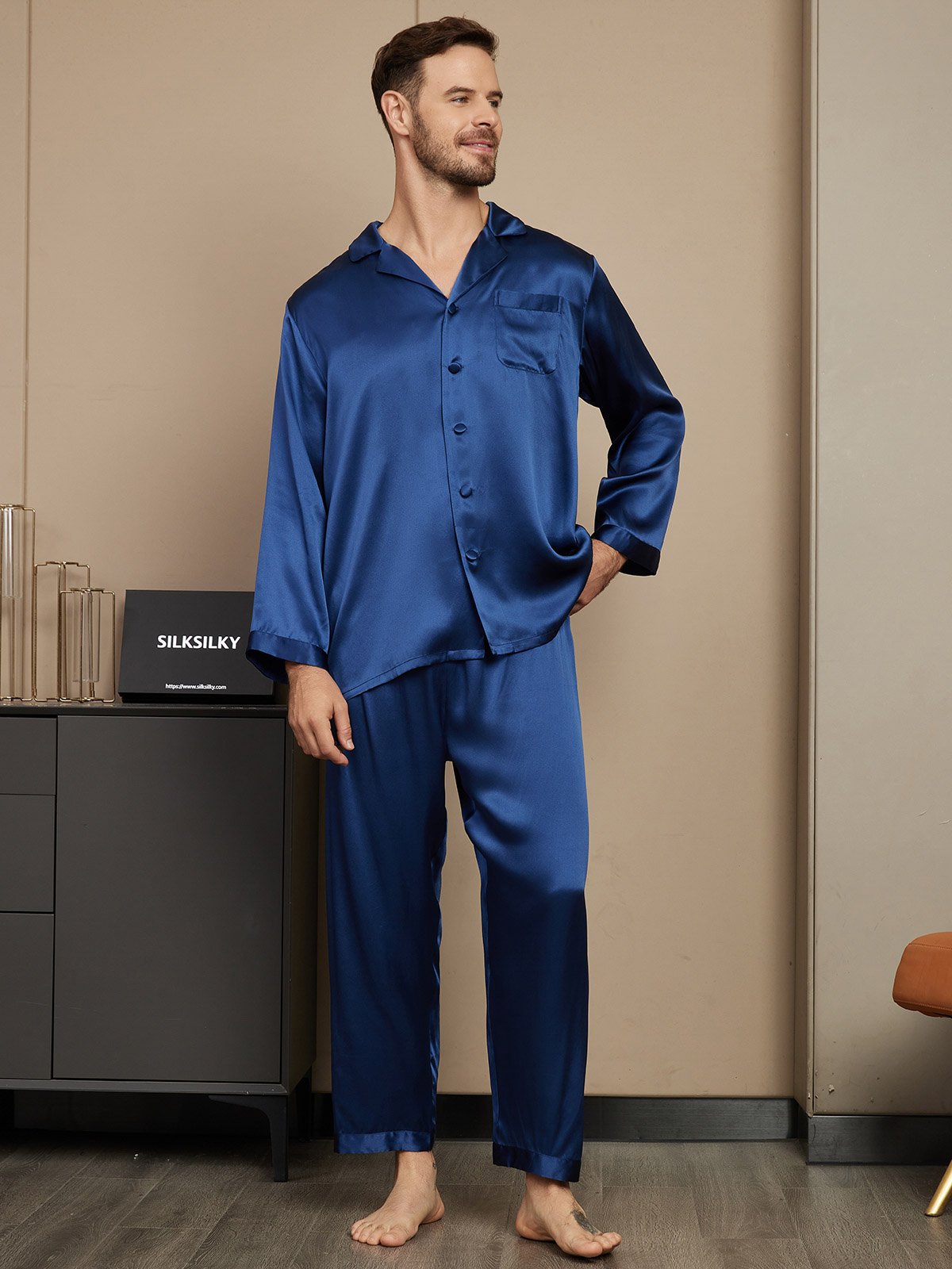 [Mørkeblå] SilkSilky-DK Mens Pajamas 005